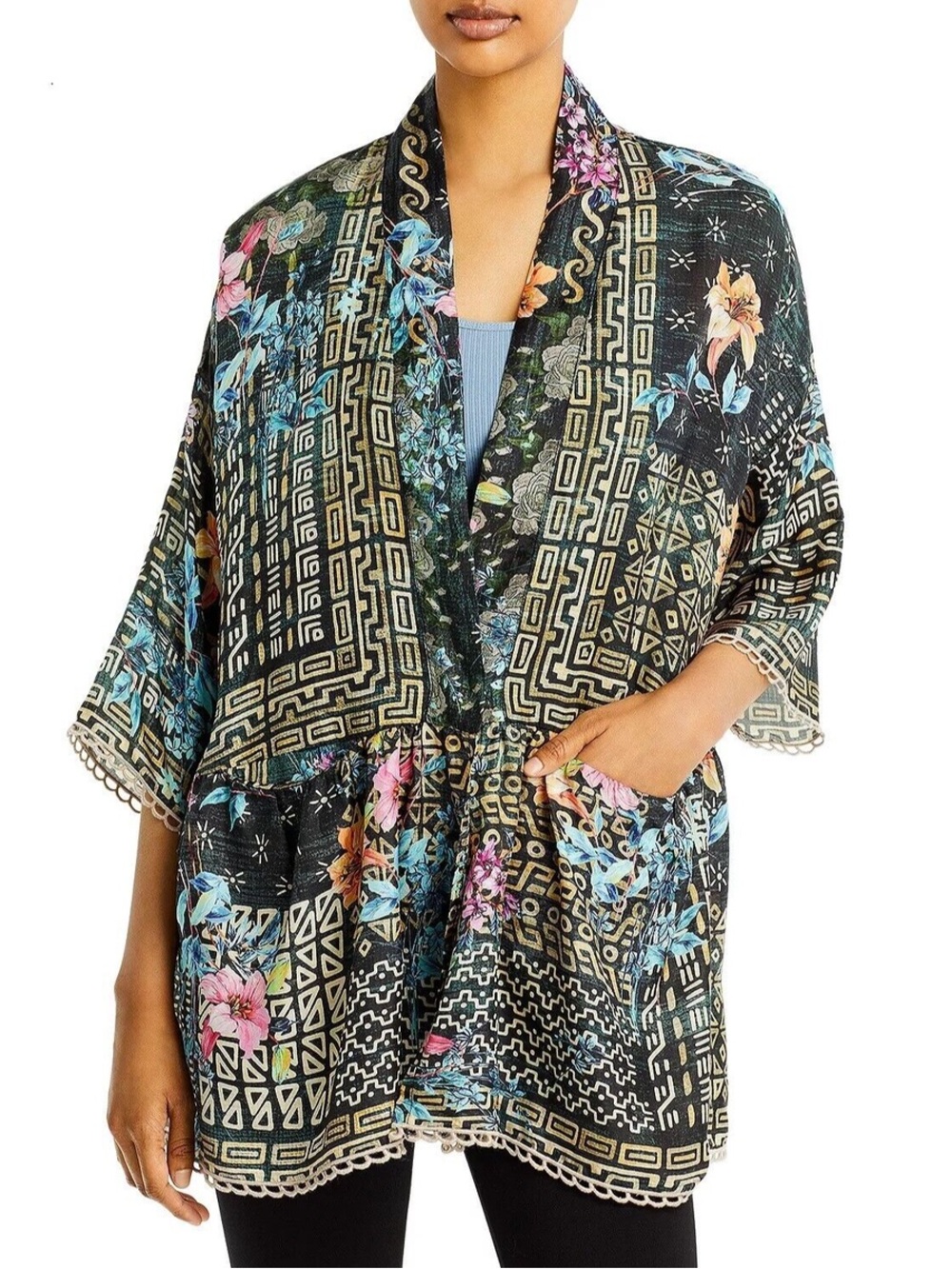 NWOT Johnny Was Black Floral Patchwork Silk Kimono size L - Picture 15 of 16
